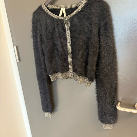 Frenchi L EUC super fun black and Light Gray really Fuzzy Cardigan - Picture 2 of 13